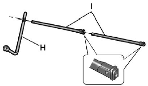 2. Assemble the wheel wrench (H) and the two jack handle extensions (I), as shown.