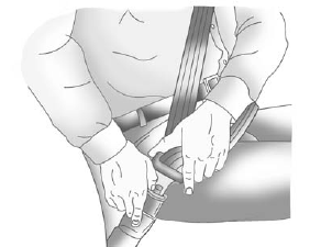 To unlatch the belt, push the button on the buckle. The belt should return to its stowed position.