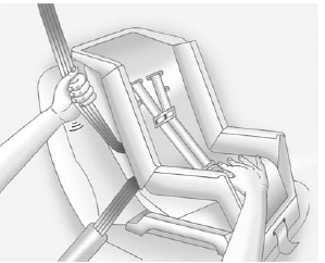 6. To tighten the belt, push down on the child restraint, pull the shoulder portion of the belt to tighten the lap portion of the belt, and feed the shoulder belt back into the retractor. When installing a forward-facing child restraint, it may be helpful to use your knee to push down on the child restraint as you tighten the belt.