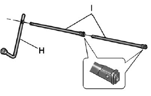 3. Attach the wheel wrench (H) and extensions (I) together, as shown.