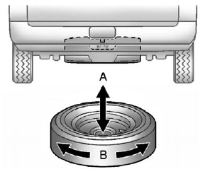 7. Make sure the tire is stored securely. Push, pull (A), and then try to turn (B) the tire. If the tire moves, use the wheel wrench to tighten the cable.