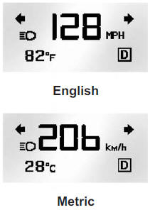 Format One: This display gives the speedometer reading (in English or metric units), turn signal indication, high-beam indication, transmission positions, and outside air temperature.