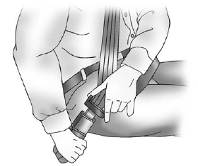 2. Pick up the latch plate and pull the belt across you. Do not let it get twisted.