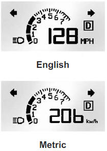 Format Three: This display includes all the information in Format One along with a circular tachometer, but without outside air temperature.